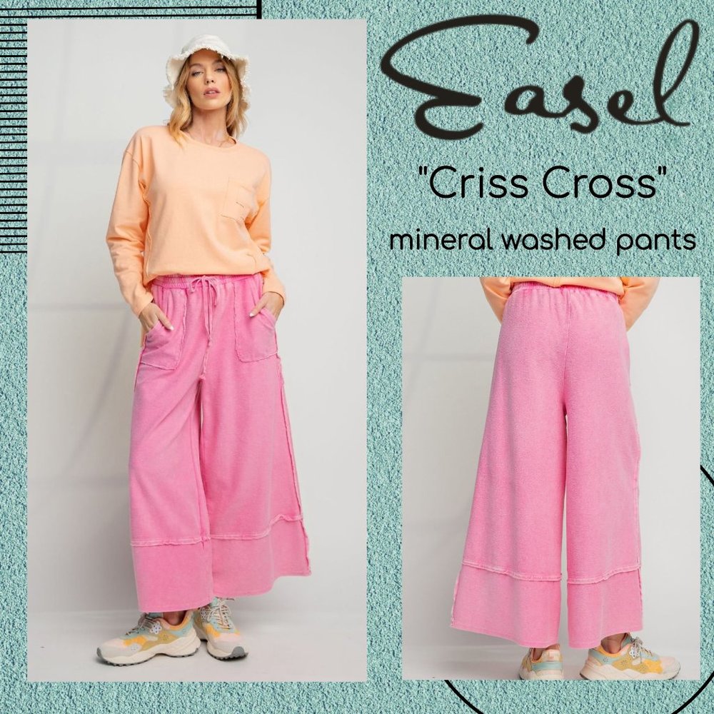 EASEL "Criss Cross" Mineral Washed Distressed Seams Cropped Pants Pockets Cotton